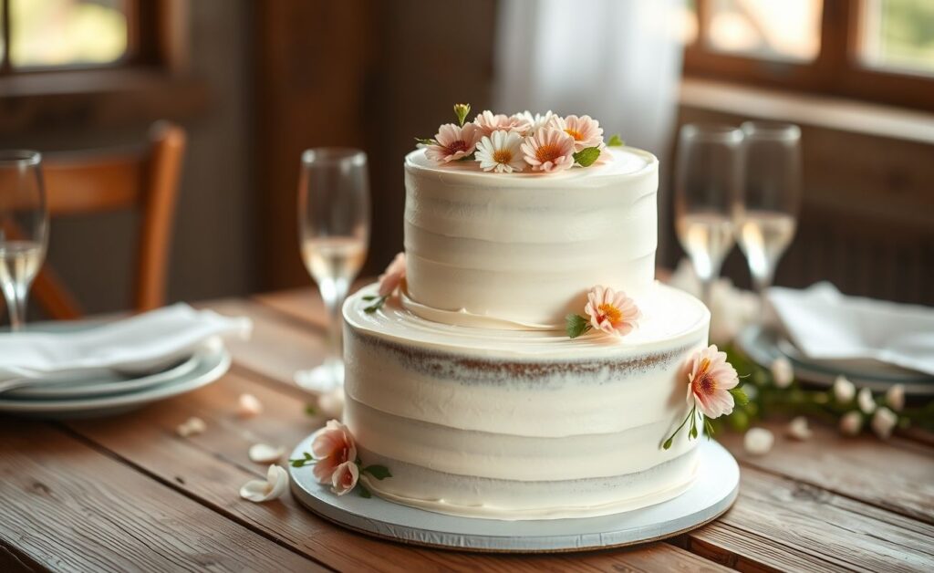 Bolo de Casamento Simples Civil branco decorado com flores naturais em dois andares, sobre mesa rústica