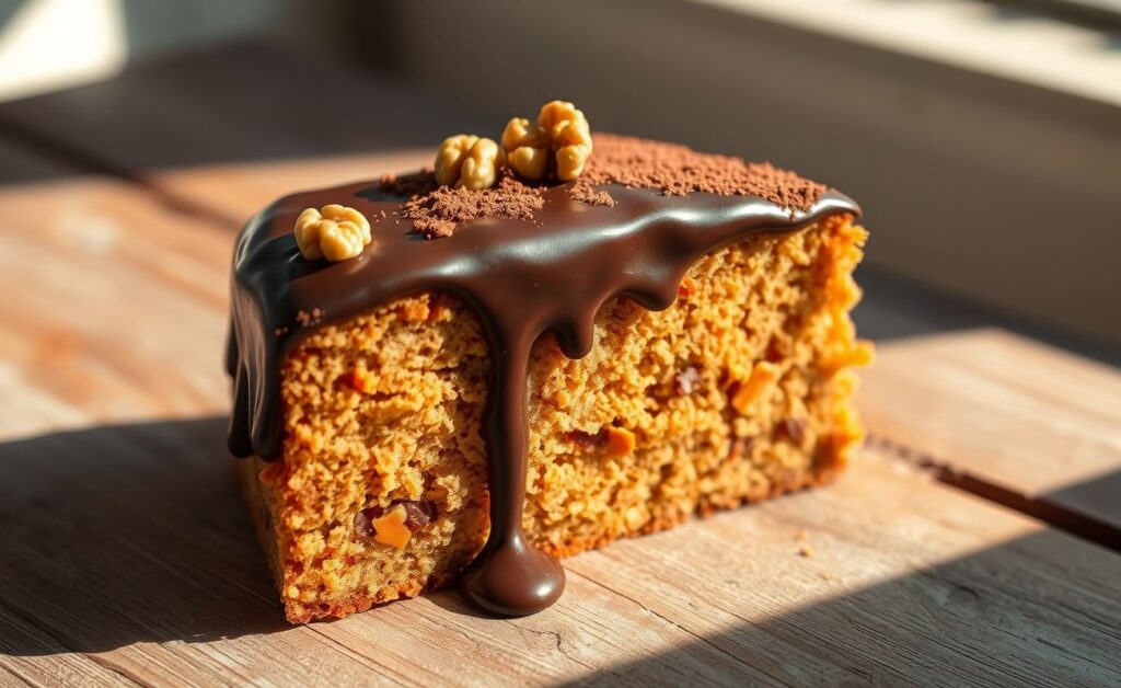 Fatia de Bolo De Cenoura Com Chocolate com cobertura brilhante e decoração de nozes, mostrando textura úmida e convidativa