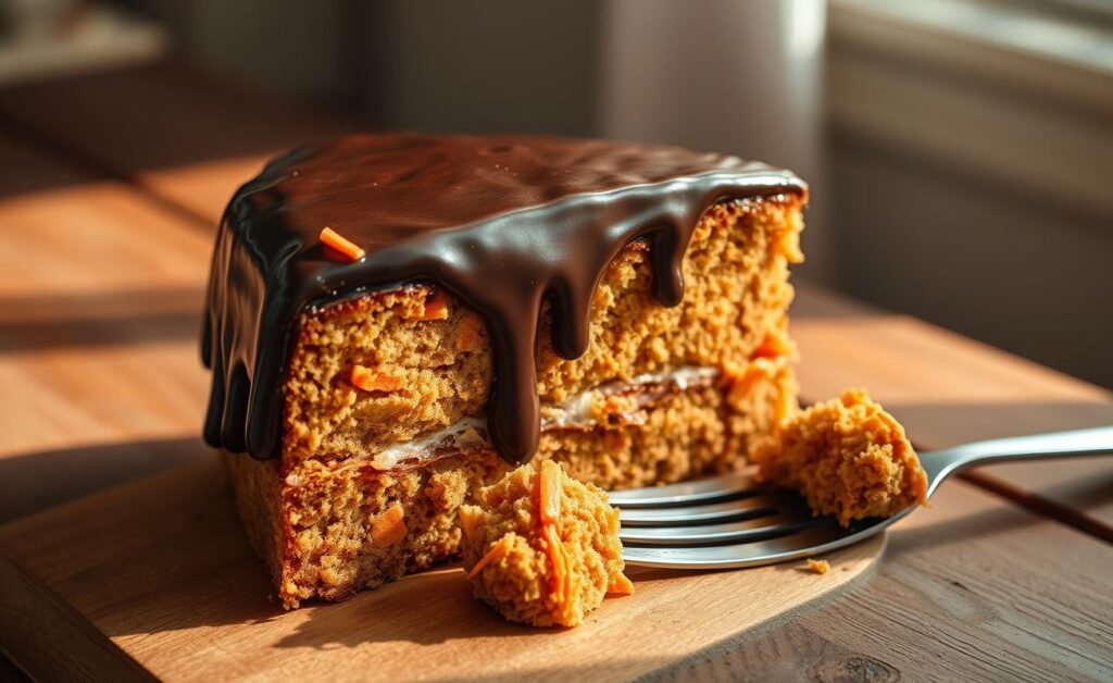 Fatia generosa de Bolo De Cenoura Com Cobertura De Chocolate úmido e fofinho, com glacê brilhante escorrendo pelas laterais