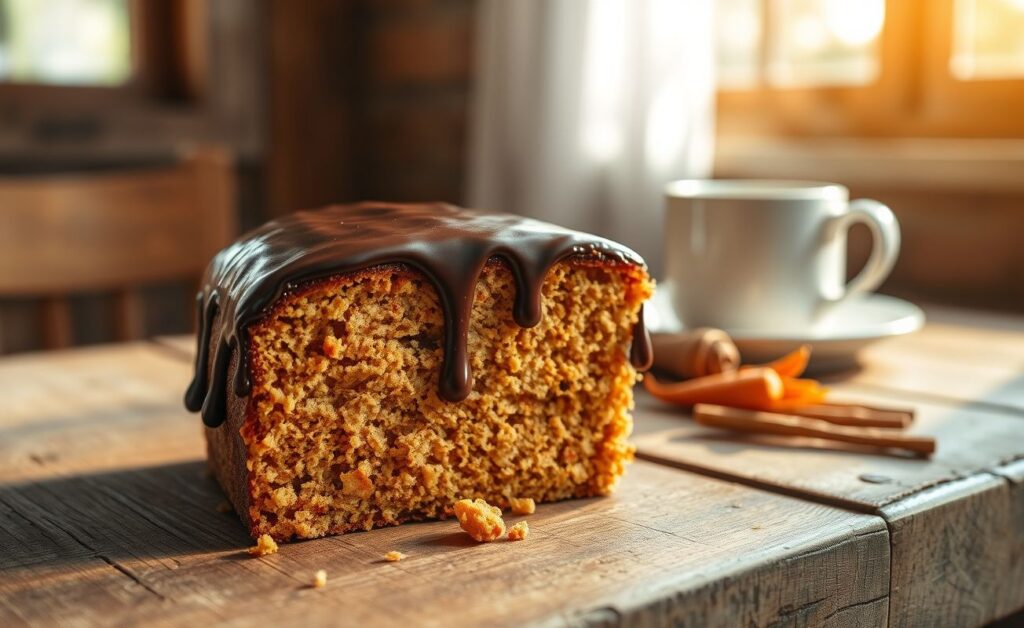 Fatia de Bolo de Cenoura com cobertura de chocolate escorrendo, sobre prato branco, textura úmida e fofa visível
