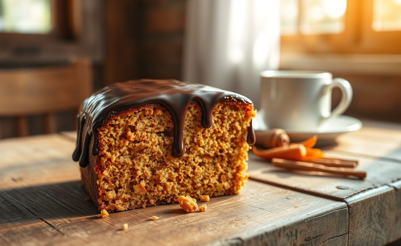 Fatia de Bolo de Cenoura com cobertura de chocolate escorrendo, sobre prato branco, textura úmida e fofa visível