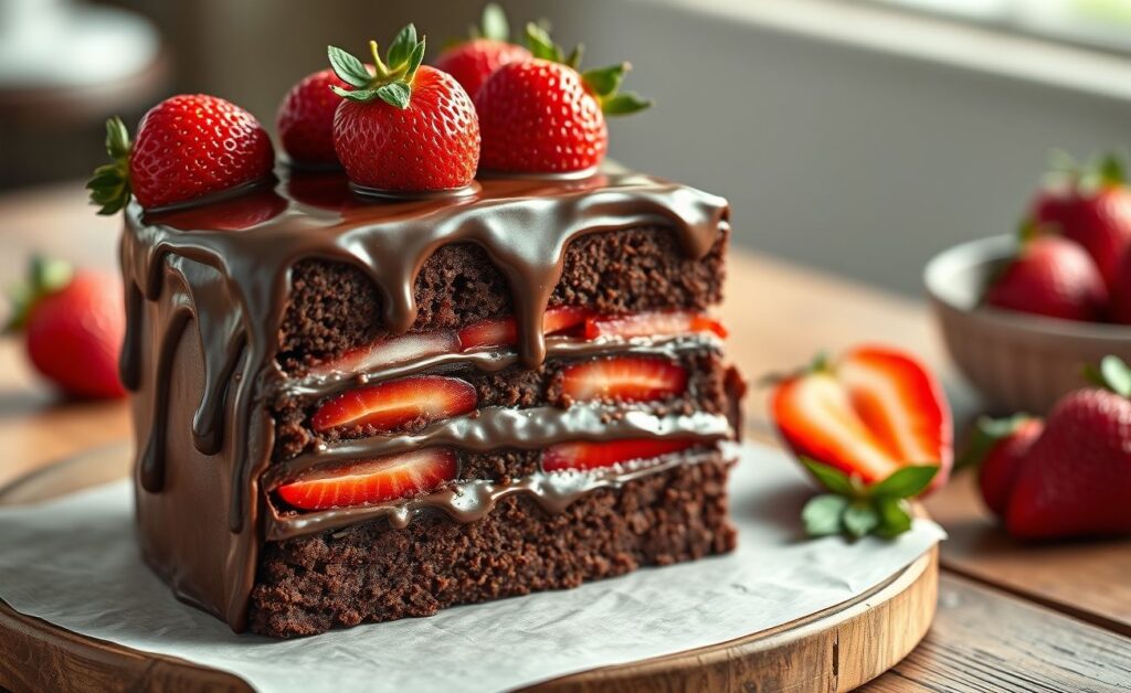 Bolo de chocolate com morango cortado mostrando camadas úmidas de chocolate, recheio cremoso com pedaços de morango e decoração com frutas inteiras