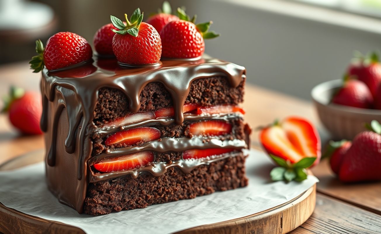 Bolo de chocolate com morango cortado mostrando camadas úmidas de chocolate, recheio cremoso com pedaços de morango e decoração com frutas inteiras