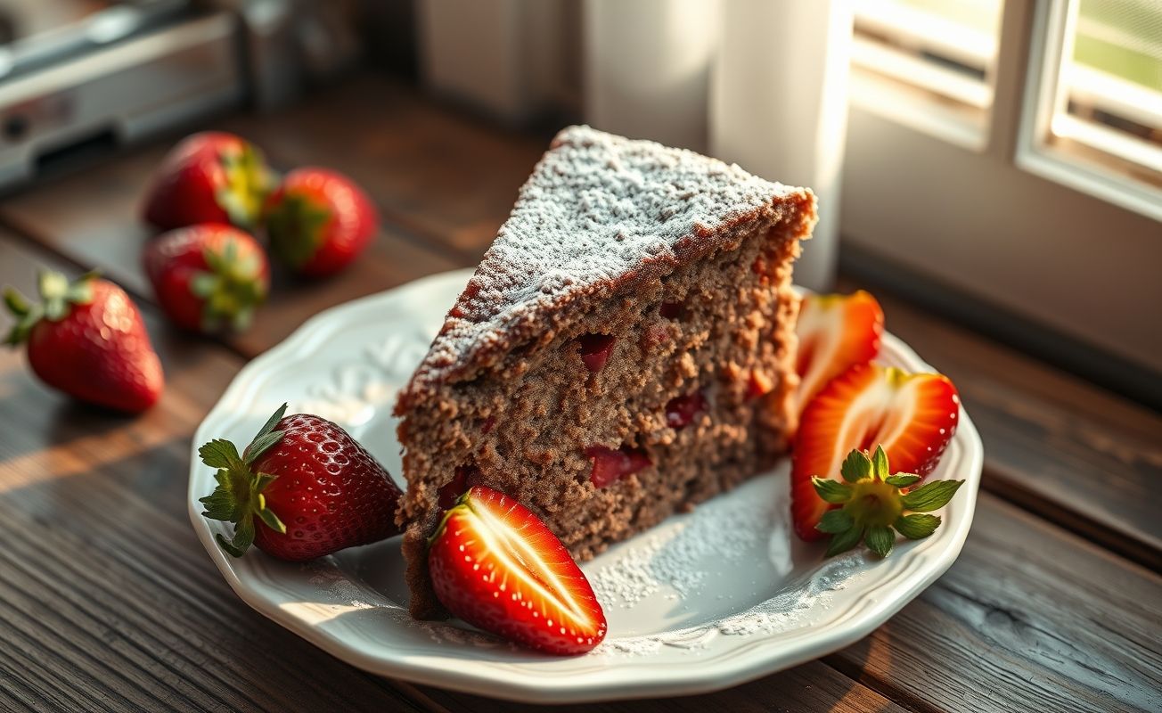 Fatia de bolo de chocolate com morango simples mostrando textura úmida e pedaços de fruta vermelha, decorado com açúcar de confeiteiro em prato branco