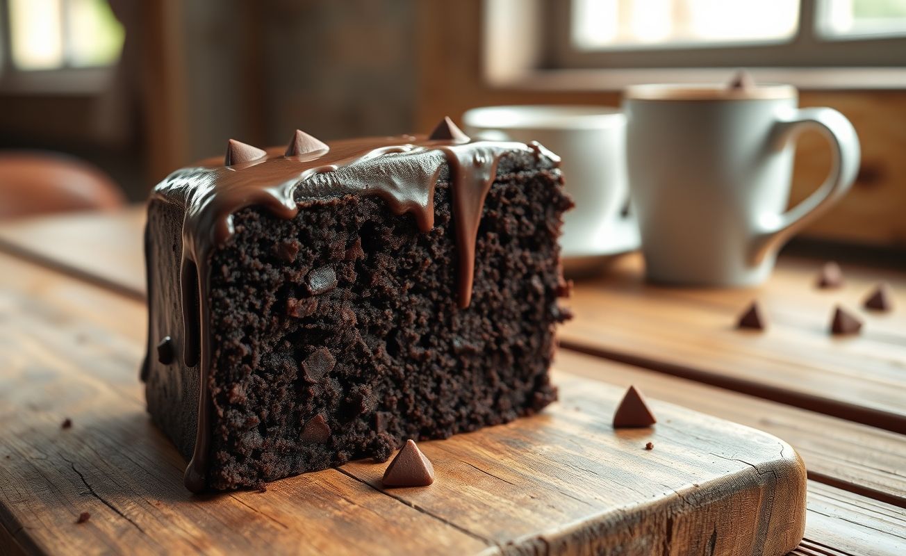 Fatia de Bolo de Chocolate caseiro com textura úmida e aerada, cobertura brilhante e pedaços visíveis de chocolate, sobre mesa rústica