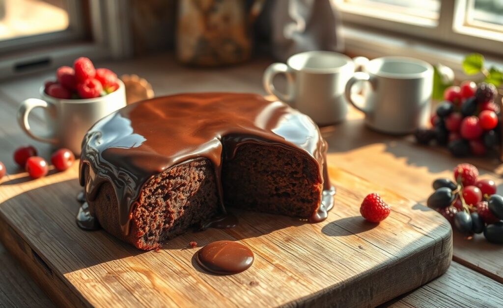 Bolo de Chocolate redondo com cobertura brilhante em cima de mesa rústica, mostrando textura úmida no corte, acompanhado de morangos frescos