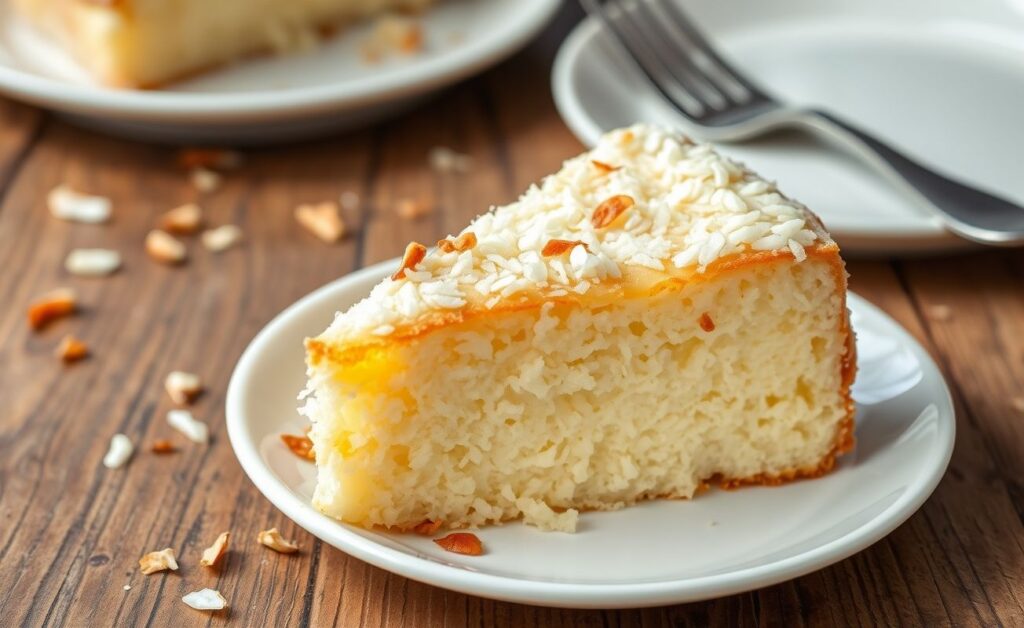 Fatia generosa de bolo de coco fofinho dourado, úmido e decorado com flocos de coco tostado, servido em prato rústico