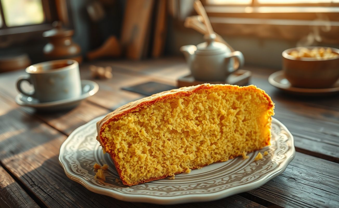 Bolo de fubá dourado cortado mostrando textura úmida e fofa, servido em prato rústico com fundo de cozinha aconchegante