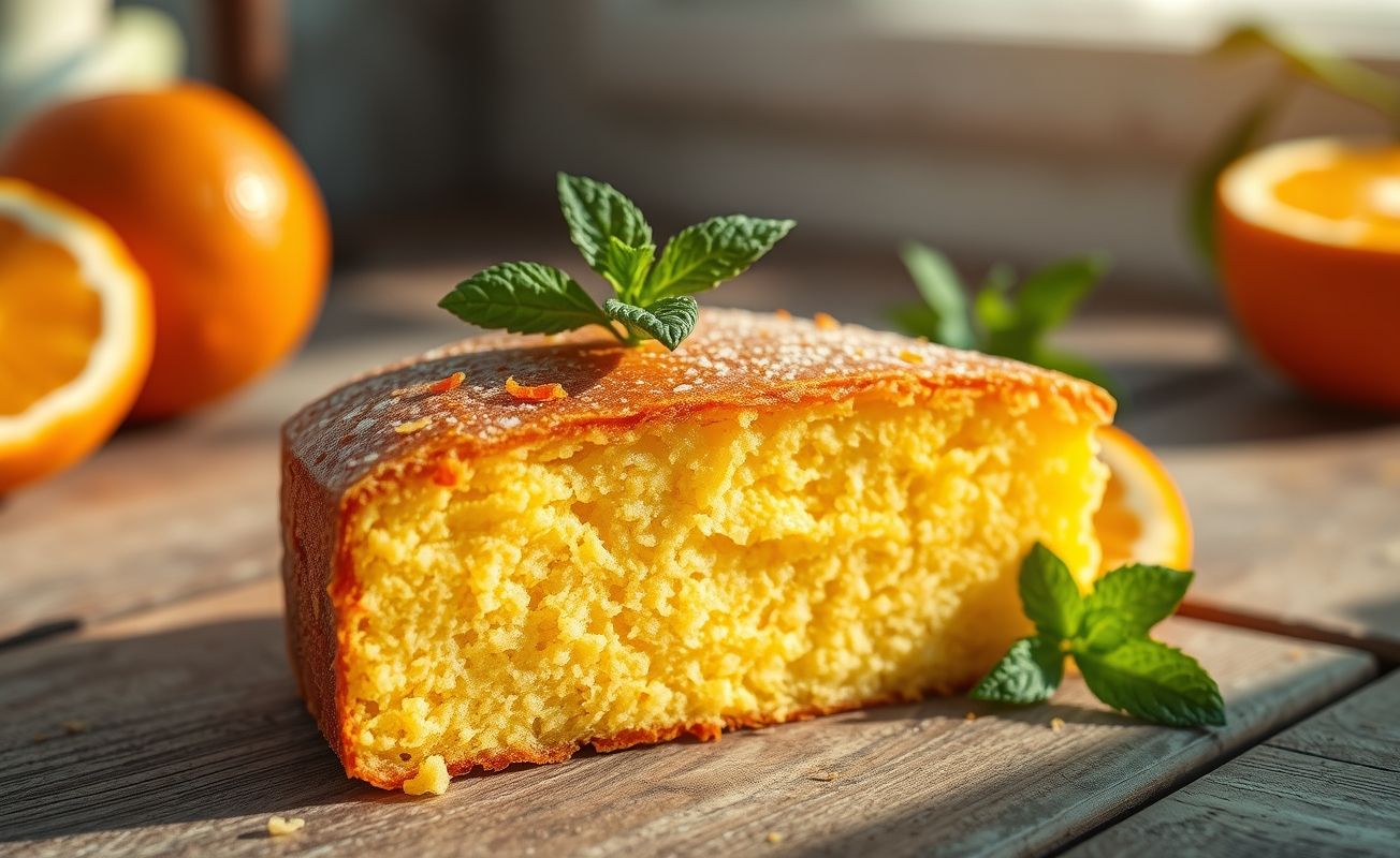 Fatia de Bolo de Laranja caseiro sobre prato rústico, mostrando textura úmida e pedacinhos de casca de laranja visíveis