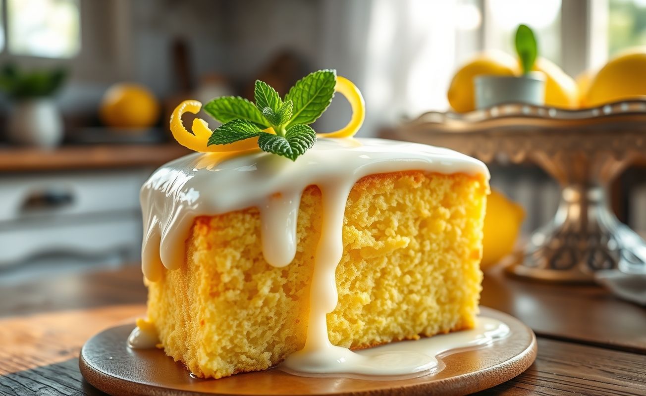 Bolo de limão com cobertura cremosa branca, fatia cortada mostrando textura amarela úmida, decorado com raspas de limão