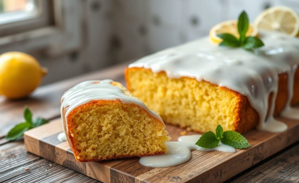Bolo De Limão Com Cobertura Simples com glacê branco brilhante decorado com fatias de limão em um prato branco