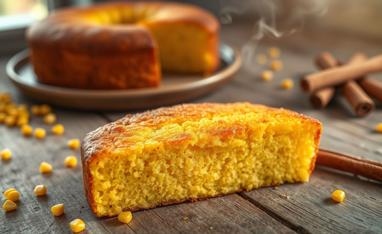Fatia de Bolo de Milho dourado com textura úmida e fofa, decorado com grãos de milho e canela em pau