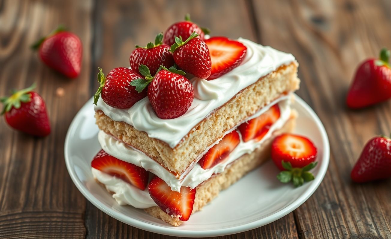 Bolo de morango com chantilly cortado mostrando camadas de massa branca, morangos vermelhos e creme branco, decorado com frutas frescas em fundo rústico