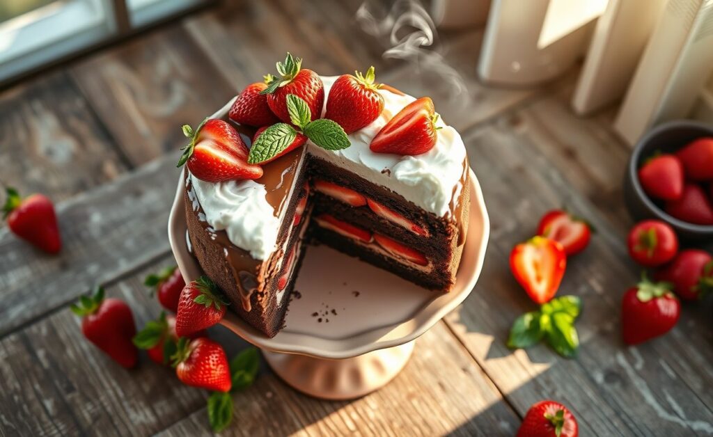 Bolo de morango com chocolate cortado mostrando camadas úmidas de chocolate, recheio cremoso com morangos frescos e cobertura de chantilly