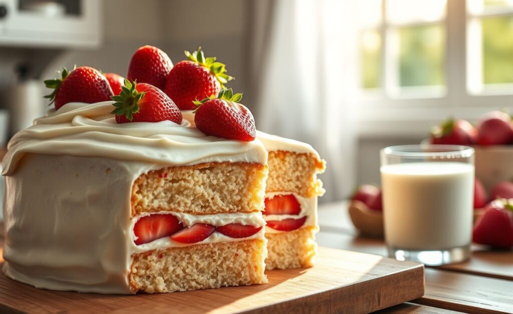 Bolo de morango caseiro com cobertura cremosa branca e morangos frescos decorando, fatia cortada mostrando camadas úmidas