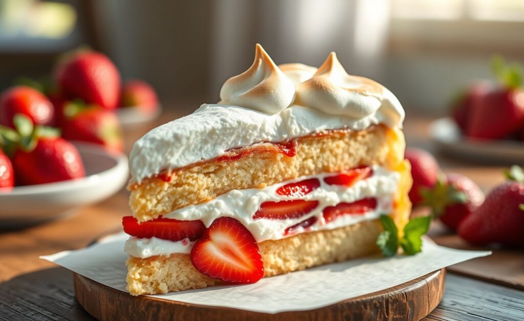 Bolo de morango com suspiro cortado mostrando camadas de pão de ló, creme branco, morangos vermelhos e suspiros dourados