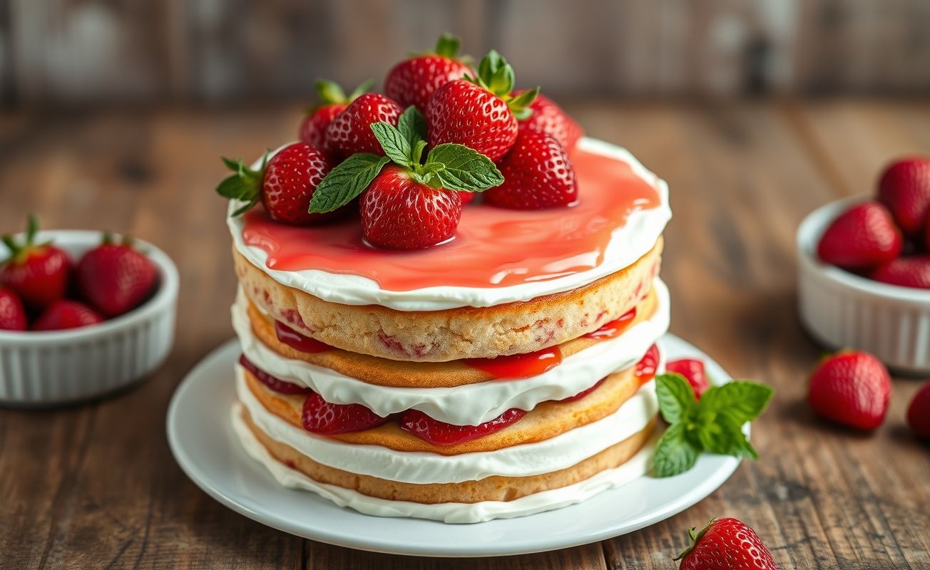 Bolo de morango decorado com três camadas, recheio cremoso de morangos frescos, cobertura de chantilly lisa e decoração elegante com frutas vermelhas
