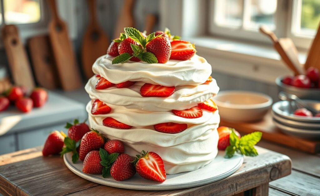 Bolo de Morango decorado com morangos frescos e chantilly, cortado mostrando camadas de massa branca e recheio rosado