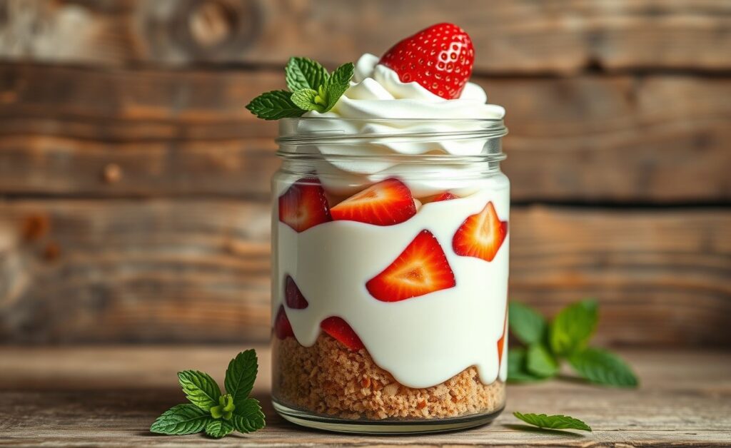 Bolo de pote ninho com morango em pote de vidro mostrando camadas de biscoito, creme branco, morangos frescos e chantilly com decoração