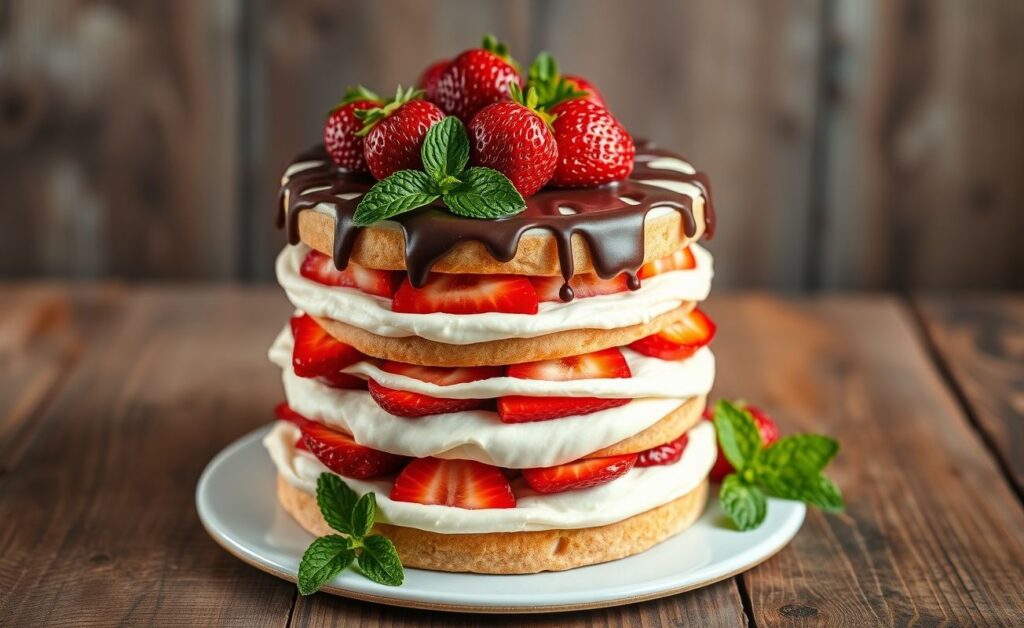 Bolo decorado com morango de três camadas com chantilly branco, morangos frescos fatiados e inteiros, decorado com raspas de chocolate em fundo rústico