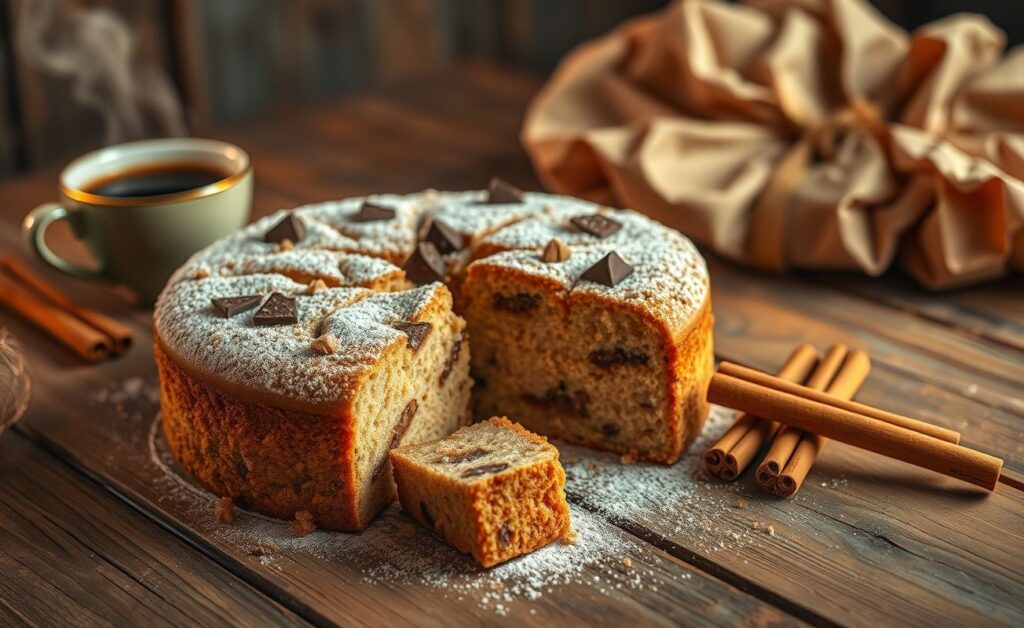 Bolo Dia Dos Pais cortado mostrando interior úmido com pedaços de chocolate, decorado com canela em pó em cima, sobre mesa rústica