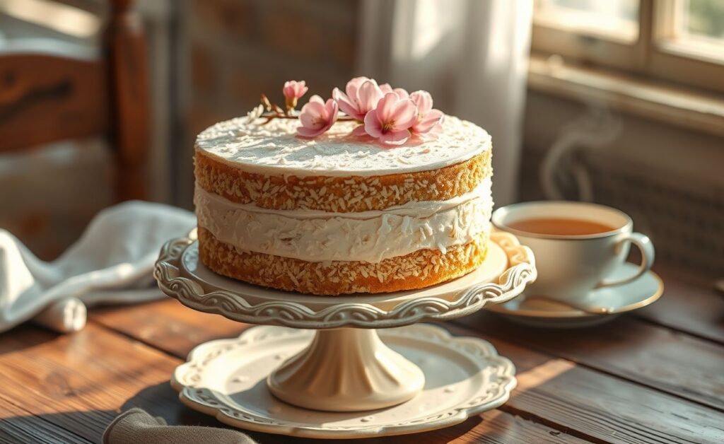 Bolo Feminino decorado com flores e coco ralado, macio e dourado, servido em prato elegante para ocasiões especiais