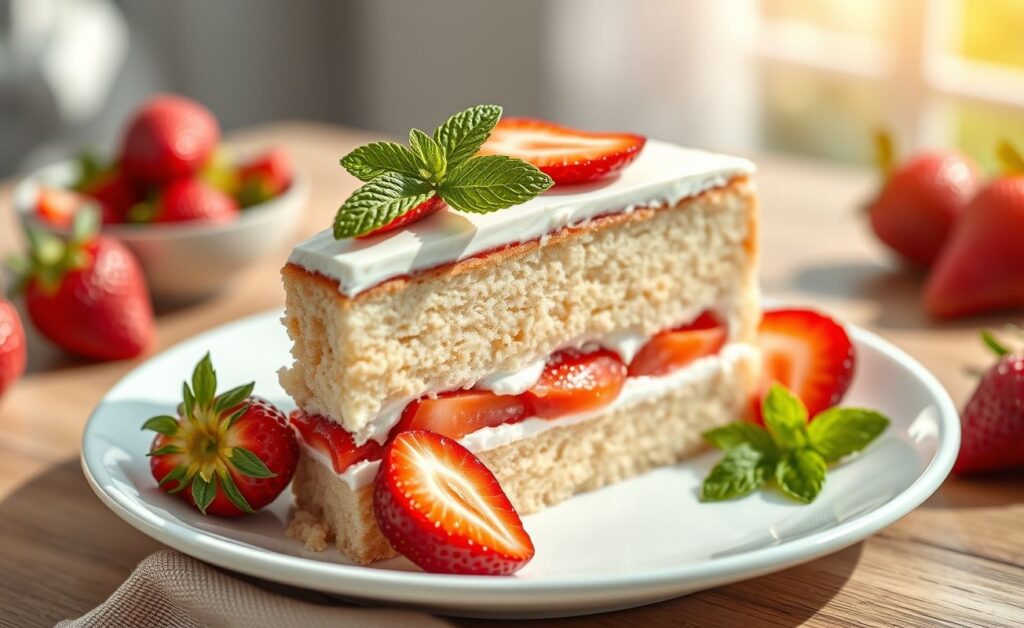 Fatia de bolo gelado de morango mostrando camadas de bolo úmido, creme branco e morangos vermelhos frescos, decorado com folhas de hortelã