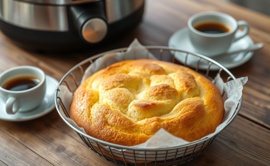 Bolo na air fryer dourado e fofinho, servido em uma mesa com café ao lado.
