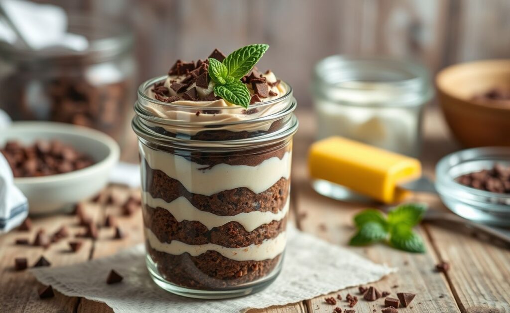 Bolo no Pote para vender em pote transparente mostrando camadas de bolo de chocolate e creme branco, decorado com raspas de chocolate