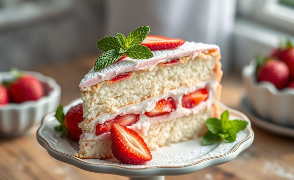 Bolo recheado com morango cortado mostrando camadas de massa branca, recheio rosado com pedaços de morango e cobertura de chantilly decorada com frutas frescas