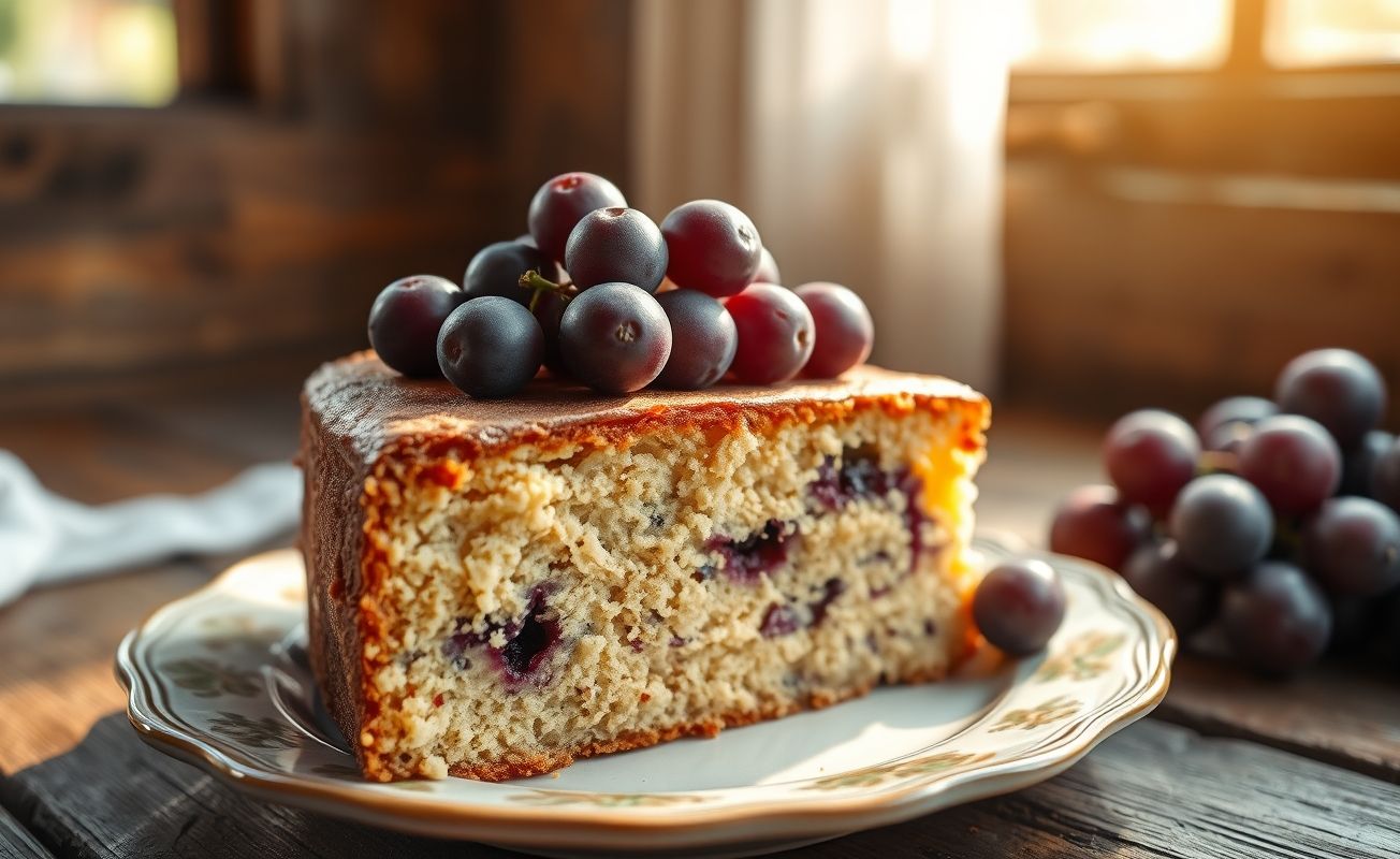 Fatia de bolo roxo de uva com textura úmida, decorado com uvas inteiras sobre prato cerâmico