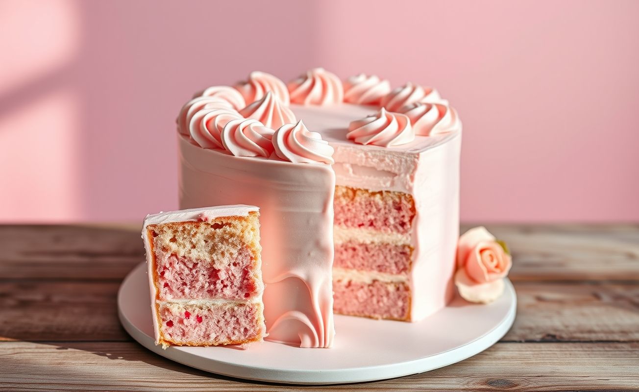 Bolo tema rosa decorado com cobertura cremosa rosa, mostrando textura fofinha e detalhes elegantes em mesa rústica