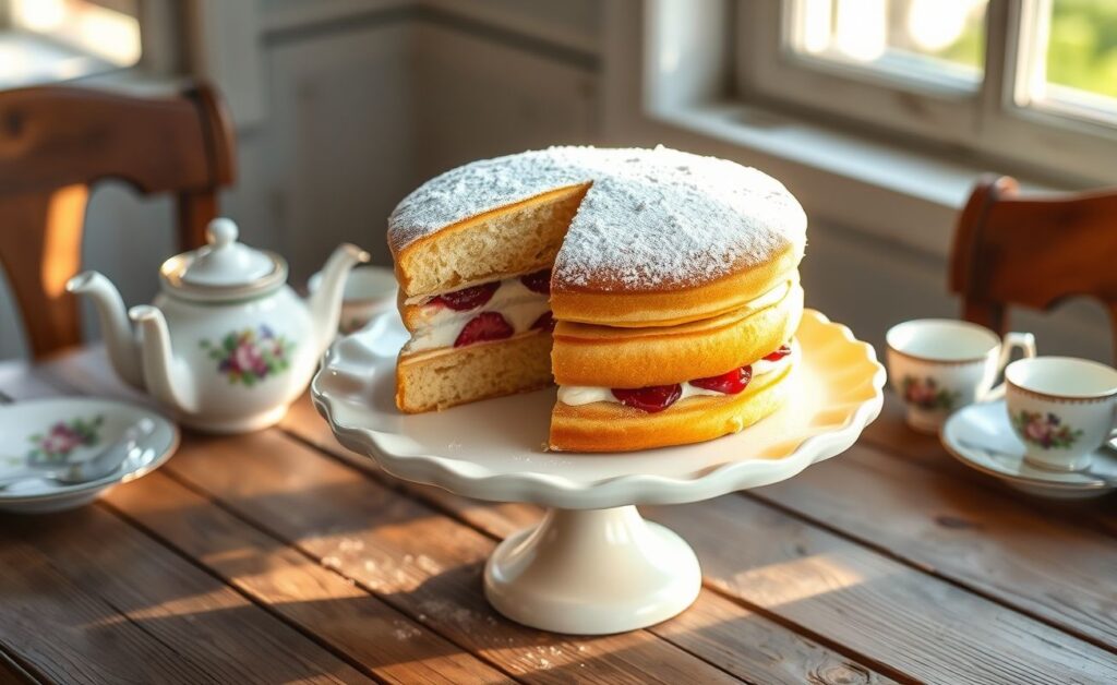 Bolo Vitória (Victoria Sponge) cortado mostrando camadas douradas com recheio de geleia e creme, polvilhado com açúcar, servido em suporte para bolo vintage
