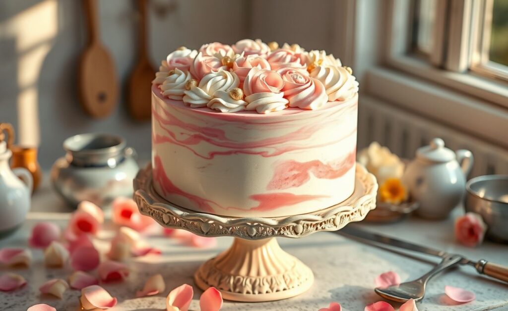 Bolo criativo feminino decorado com chantilly, flores comestíveis e confeitos em tons suaves de rosa sobre mesa decorada