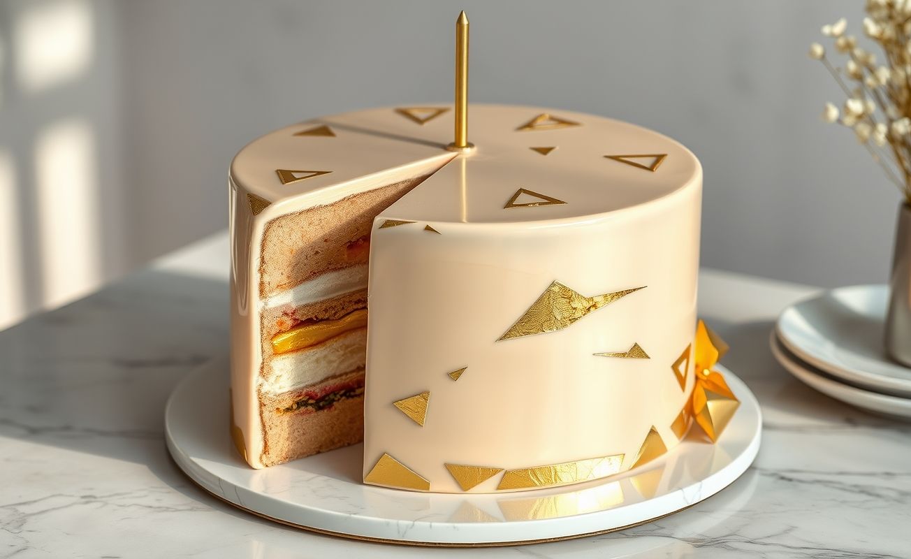 Bolo de aniversário moderno com cobertura espelhada dourada e decoração minimalista em camadas, cortado para mostrar o interior macio.
