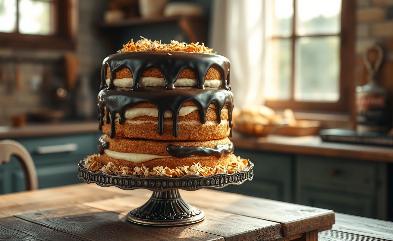Bolo de aniversário vintage com três camadas, cobertura de chocolate brilhante e coco ralado nas bordas, sobre suporte vintage