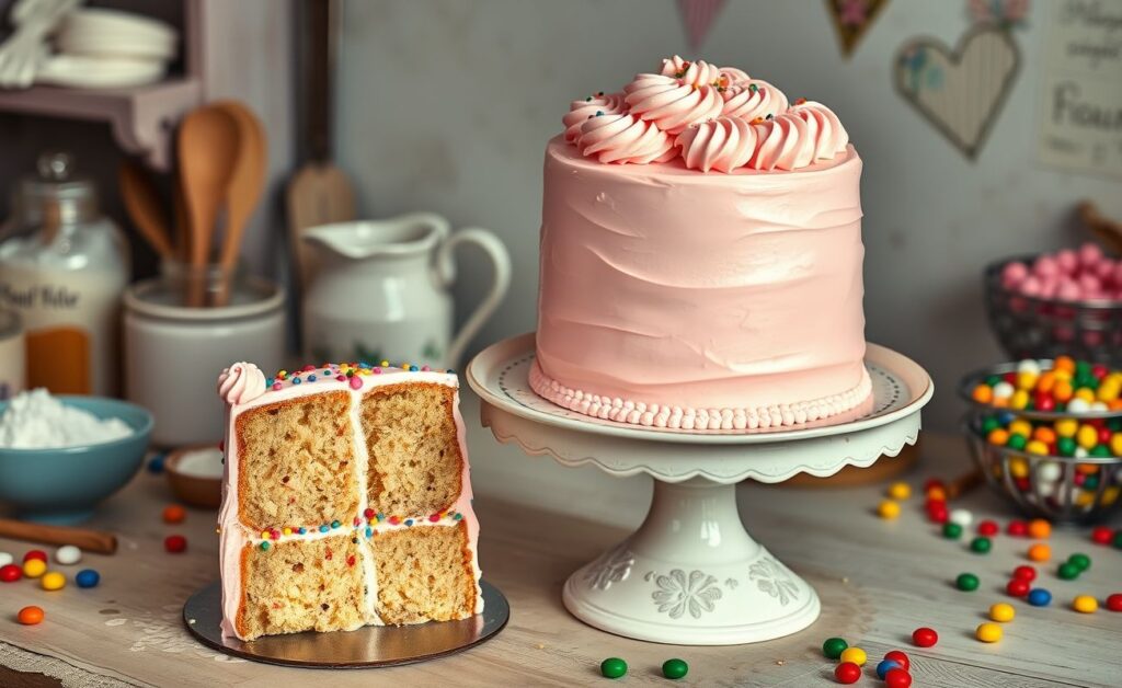Bolo De Aniversário Vintage rosa com dois andares decorado com chantilly e confeitos coloridos em estilo retrô, sobre bolo de bolo elegante