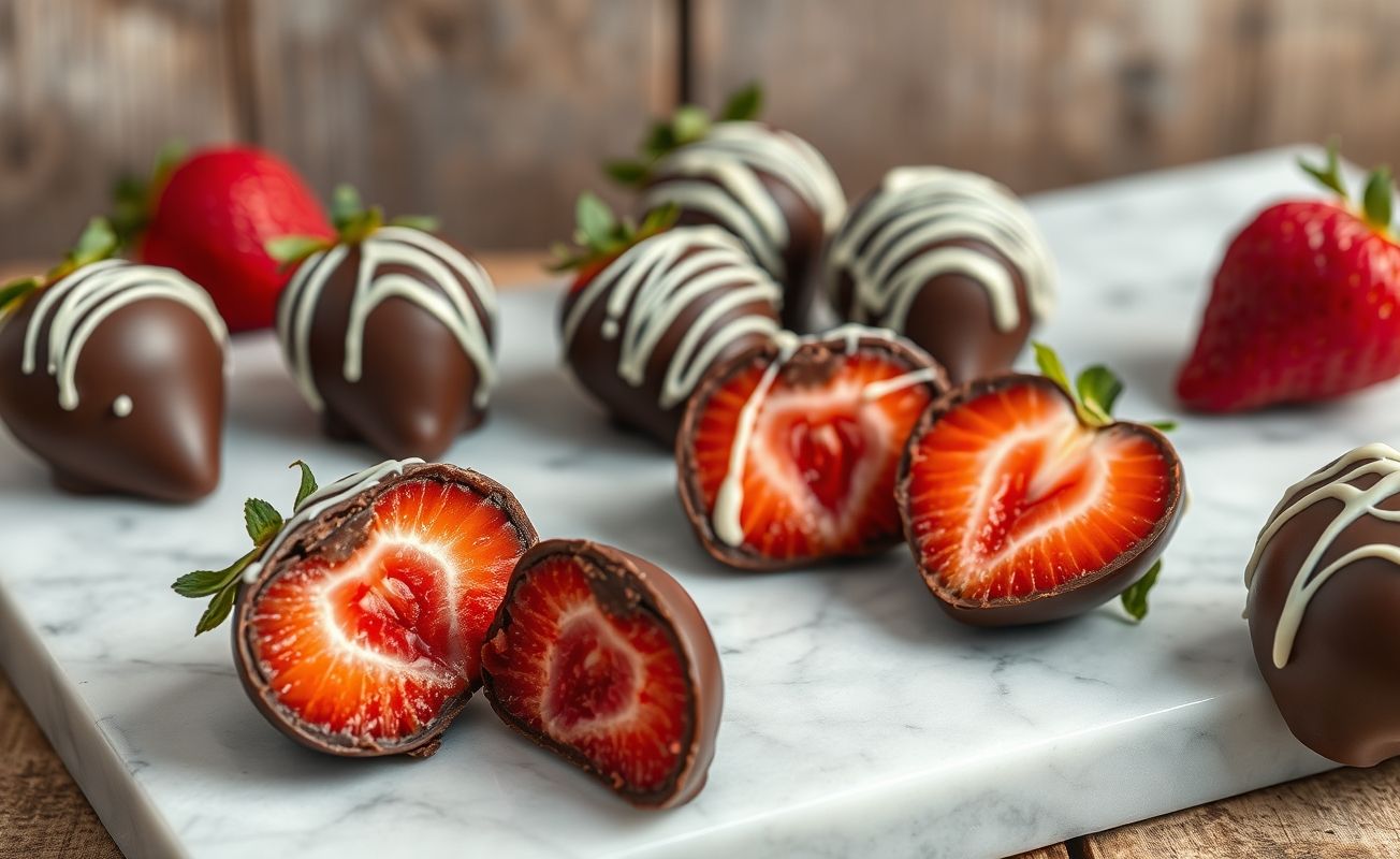 Bombom de morango feito com morangos frescos cobertos por chocolate meio amargo e decorado com fios de chocolate branco