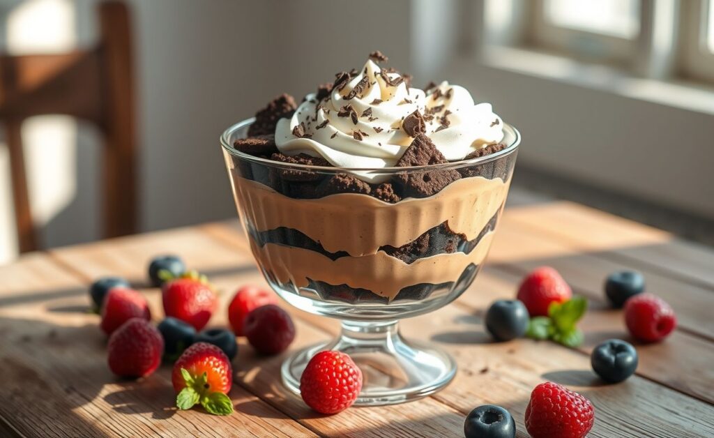Bombom de Travessa em camadas com creme de chocolate, biscoitos e chantilly, decorado com raspas de chocolate