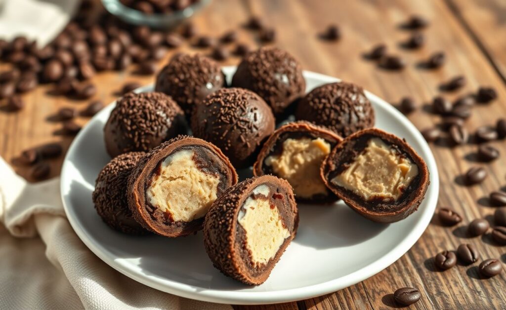 Receita de brigadeiro tradicional brasileiro - bolinhas de chocolate cremosas cobertas com granulado, dispostas em prato branco