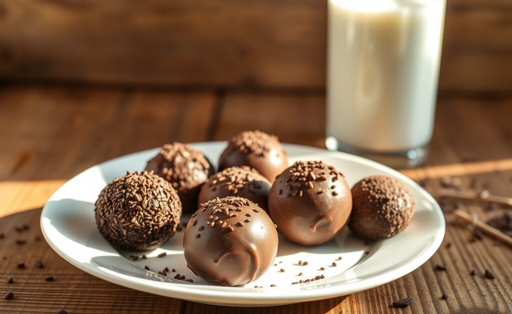 Brigadeiros de leite ninho cremosos decorados com chocolate granulado, dispostos em prato branco