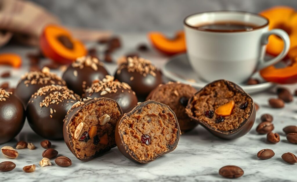 Brigadeiro Gourmet cremoso com cobertura de chocolate e pedacinhos de nozes, dispostos elegantemente em prato de mármore
