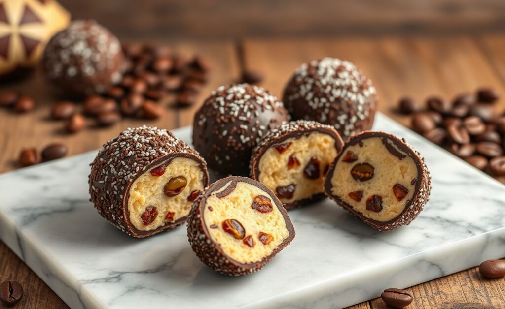 Brigadeiro gourmet cremoso decorado com granulado fino e nozes, servido em forminhas elegantes sobre mesa de mármore