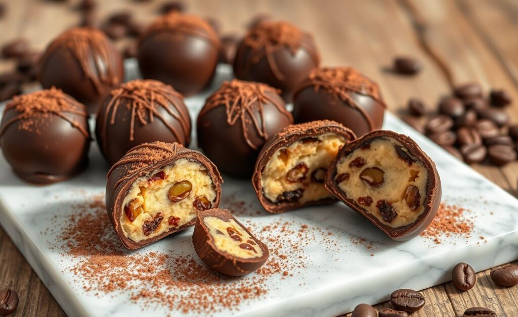 Brigadeiro Gourmet cremoso com pedacinhos de frutas secas, polvilhado com cacau em pó e servido em forminhas elegantes