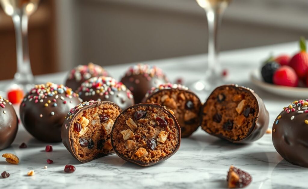 Brigadeiro Gourmet cremoso com cobertura de chocolate e granulado especial, decorado em forminhas douradas sobre mármore branco