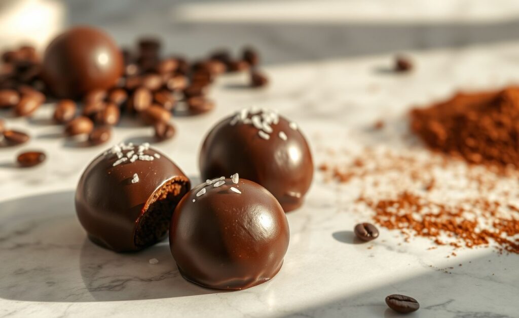Brigadeiro gourmet redondo com cobertura brilhante de chocolate e flocos de sal marinho, dispostos elegantemente em forminhas douradas