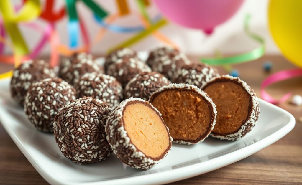Brigadeiros tradicionais brasileiros redondos cobertos com granulado de chocolate, dispostos em prato branco
