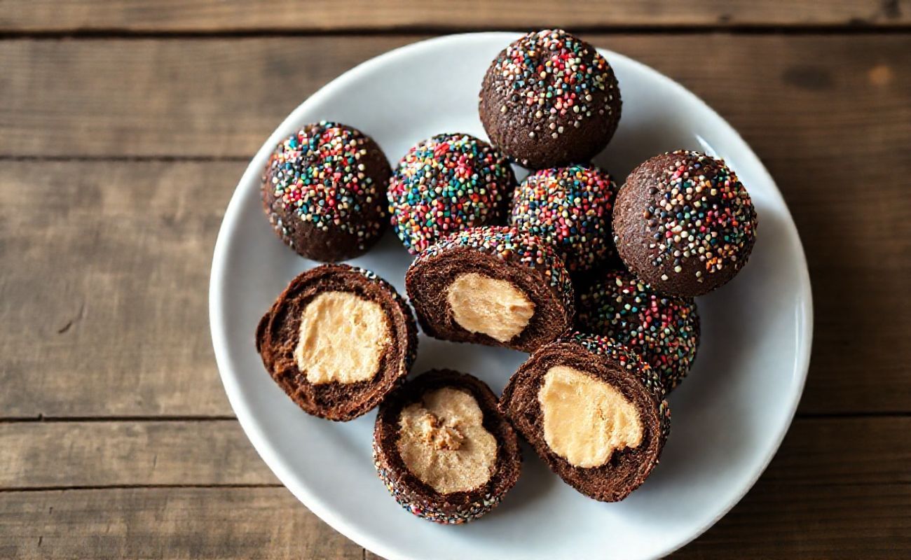 Brigadeiros tradicionais brasileiros cobertos com granulado de chocolate, dispostos em prato branco mostrando textura cremosa e aparência irresistível
