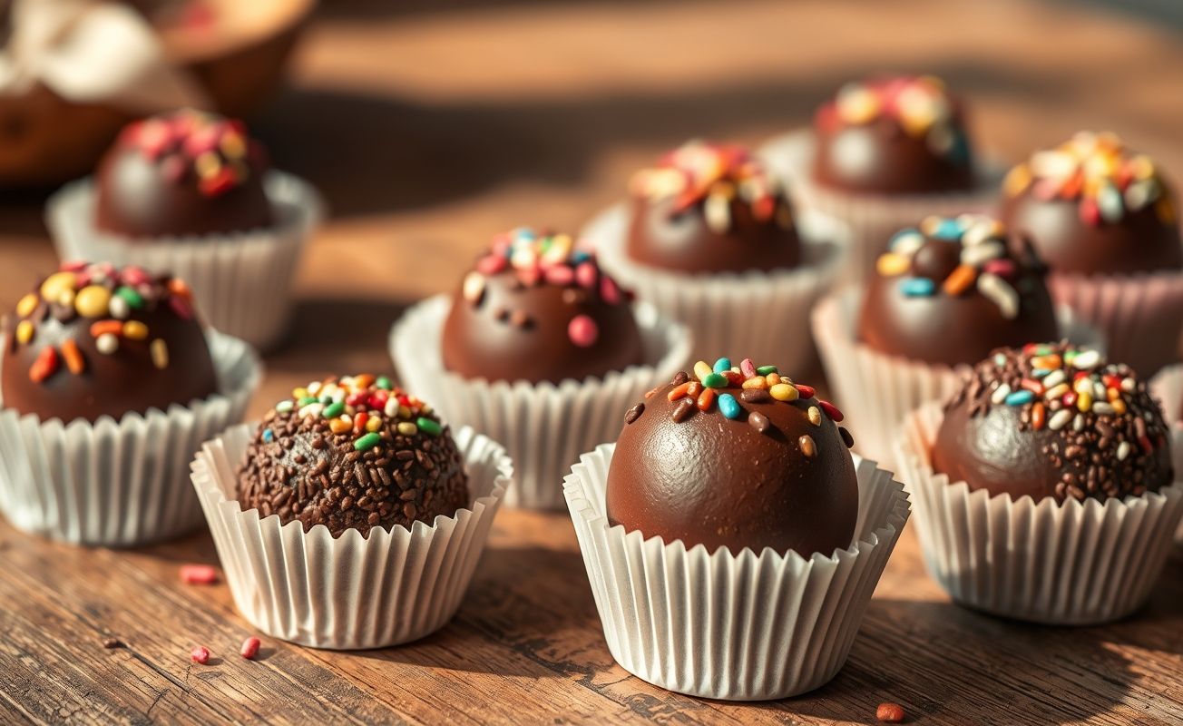 Brigadeiros tradicionais brasileiros cobertos com granulado de chocolate, dispostos em forminhas coloridas sobre mesa de madeira