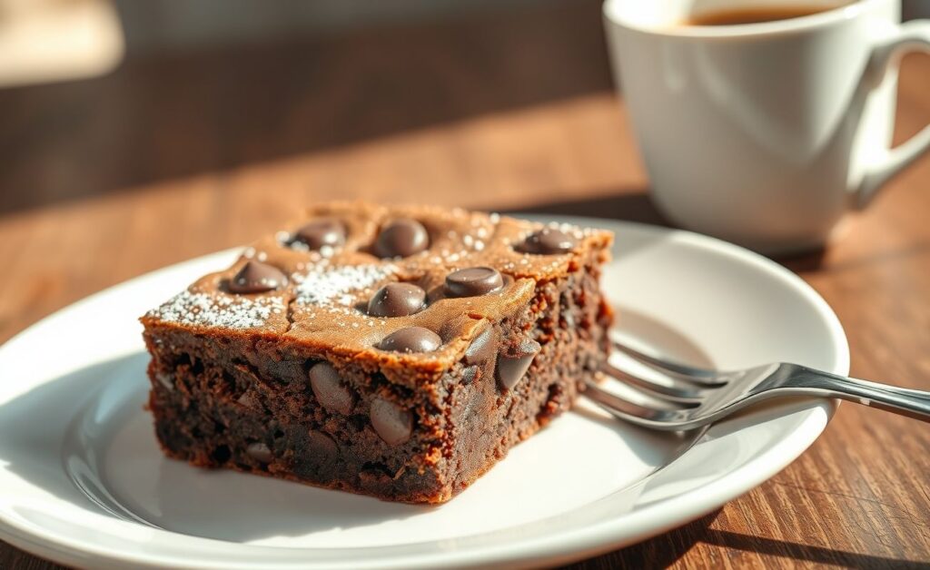 Brownie de chocolate caseiro cortado em quadrado, com crosta brilhante e interior úmido visível, polvilhado com açúcar de confeiteiro